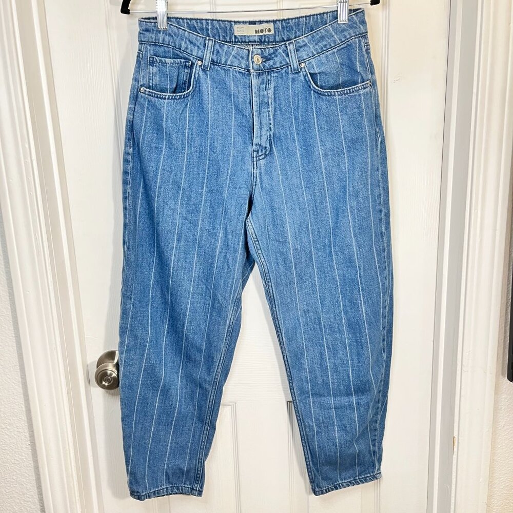 TOPSHOP MOTO Size 28 Blue with White Stripes Relax Fit Jeans Button Up